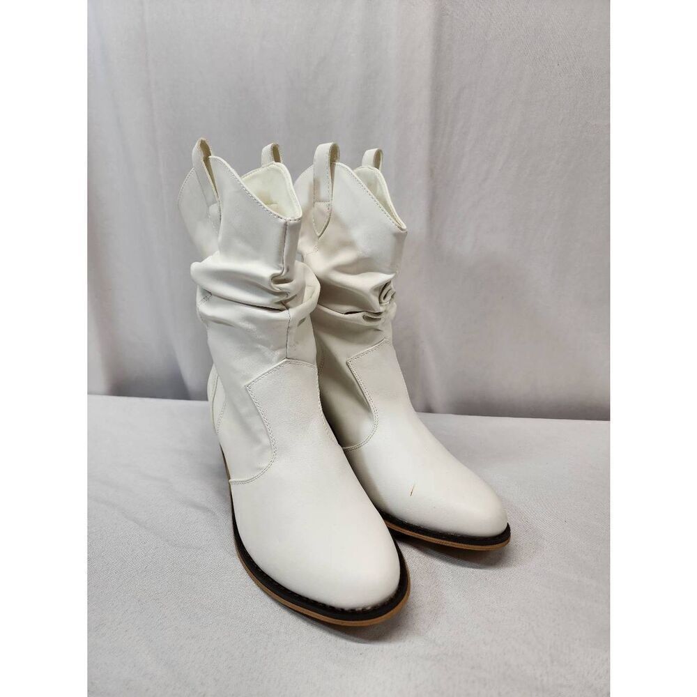 DREAM PAIRS Size 7.5 Women's Boots Mid Calf Western Cowboy Chunky Heel Boots Whi